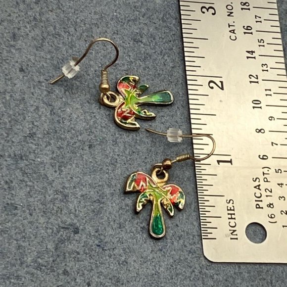Dangle Pierced Earrings Trees Green Red Enamel Silver Hook Tropical Vacation - Picture 6 of 6